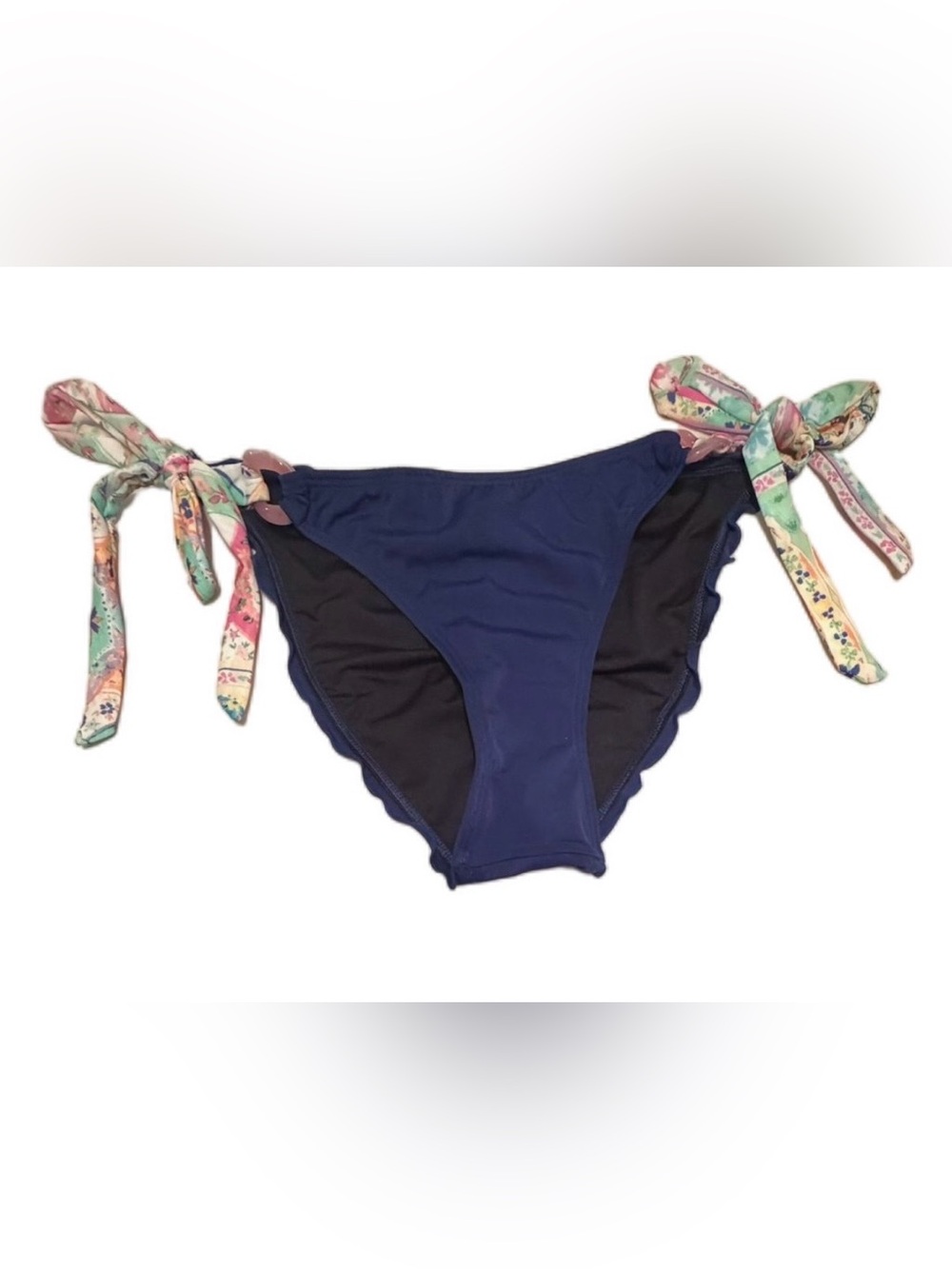 VENUS Cheeky Navy Ruched Bikini Bottoms with Rings & Floral Side-Ties NWTs